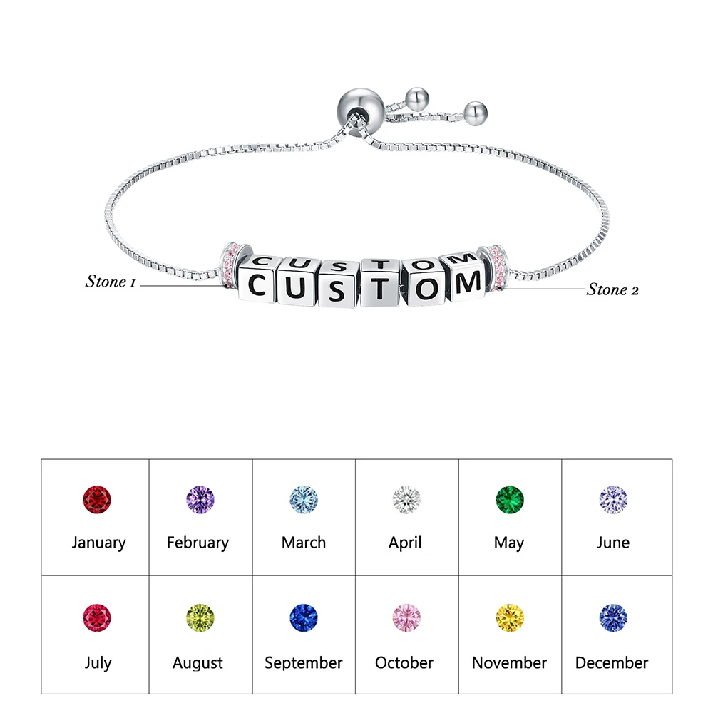 925 Sterling Silver Personalized Initial Letter Bracelet Custom Name&Birthstone Jewelry Birthday Gifts for Women Daughter Mom