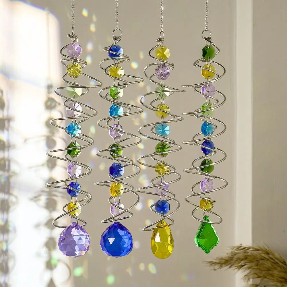 Double Spiral Tail Wind Spinner Hanging 3D Suncatcher Crystal Ball DIY Crafts Colourful Rainbow Catcher Home Decor Festival Gift