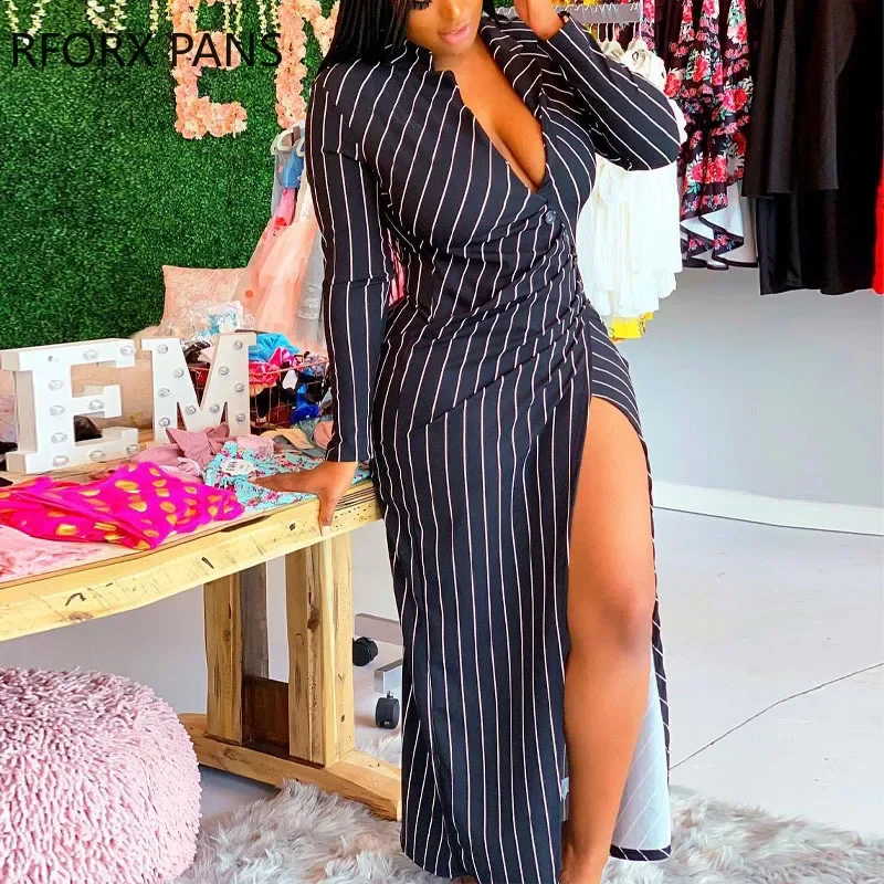 

Women Elegant Deep V Neck Long Sleeves Striped High Silt Button Skinny Above-knee Dresses