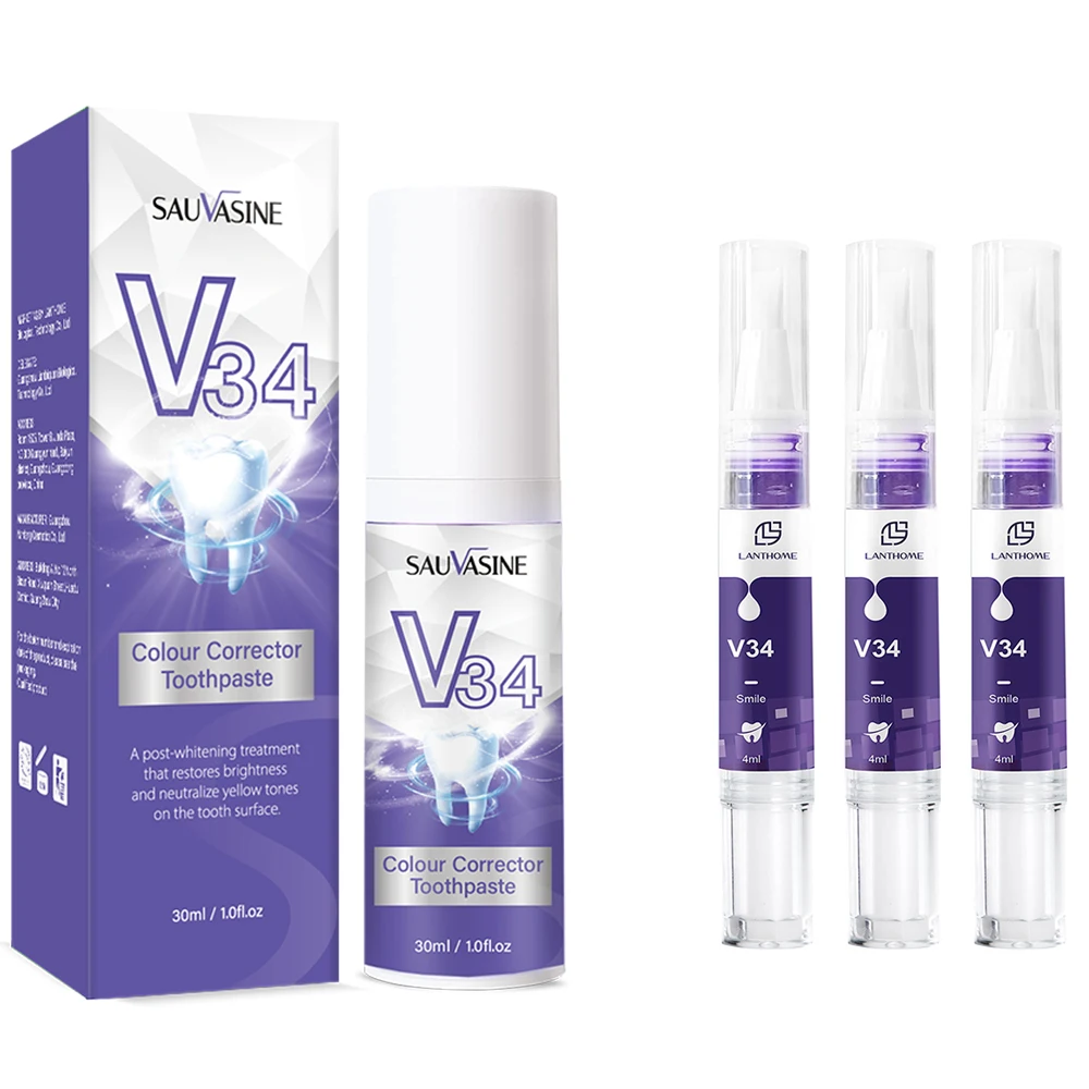 

30ml V34 Color Corrector Serum Toothpaste Teeth Whtening Booster Stain Removal 4ml Gel Pen Brightening Yellow Tone Tooth