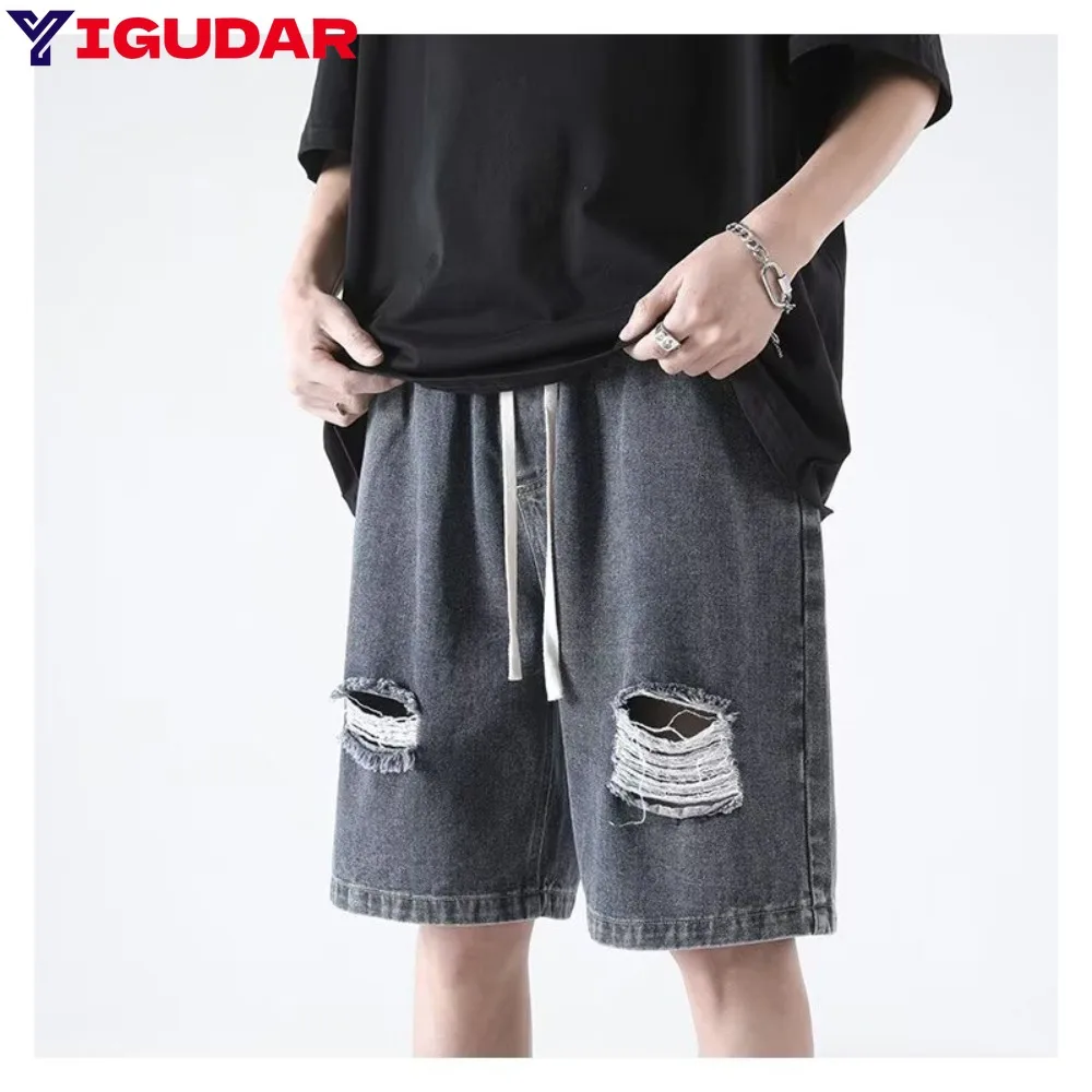 

Summer trend Men's Ripped Denim Shorts Light Blue Knee Length Jeans Fashion Trend Raw Hem Beggar Pants Shorts Short Jeans