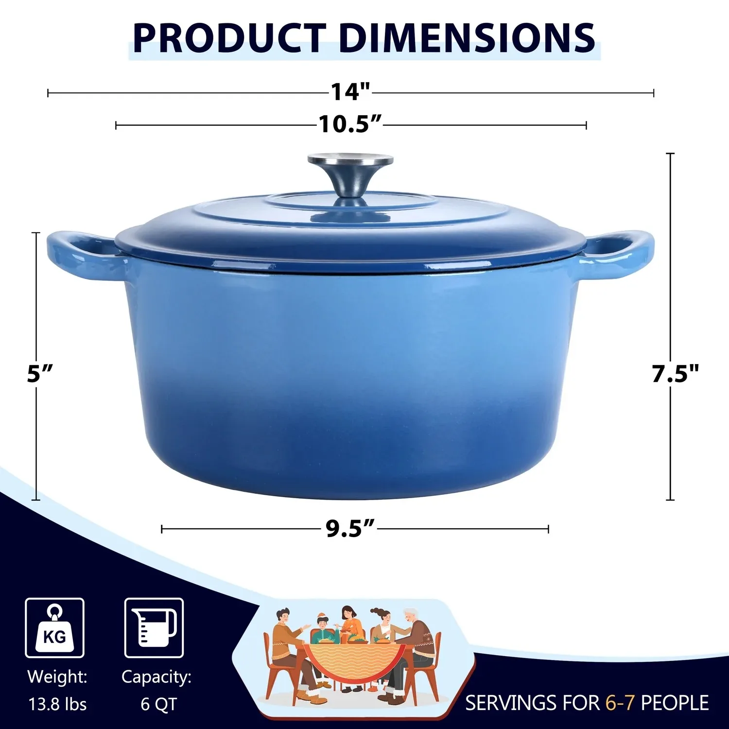 Description Picture 3 of item6 Quart Enameled Cast Iron Dutch Oven with Lid, Round Dutch Oven Pot with Dual Handles for Bread Baking Stewing Roasting Blue
