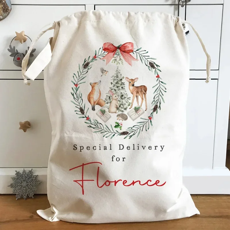 Personalisierter Weihnachtskranz für den Winter, Wald, Wald, Tierkreaturen, Weihnachtsmann-Sack, Frohe Weihnachten, Urlaub, Kind, Junge, Mädchen, Geschenktüte