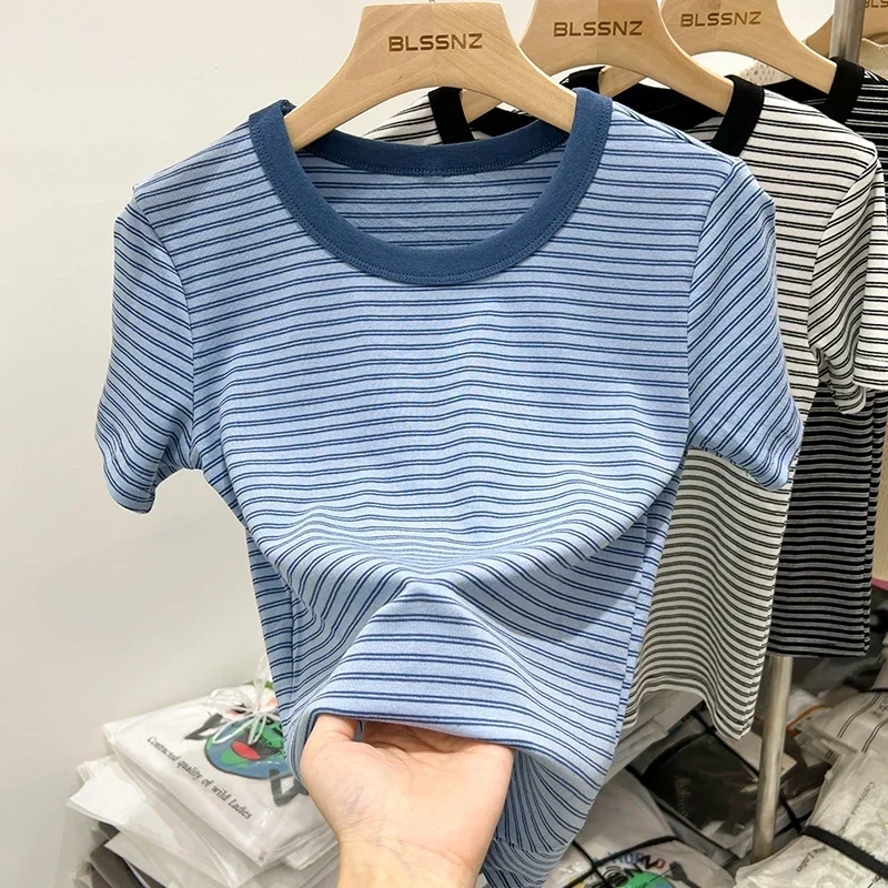 جديد جودة القطن المرأة تي شيرتات قصيرة الاكمام 2025 امرأة الصيف شريط تيز Harajuku Famale بلايز بلايز الفتيات الملابس