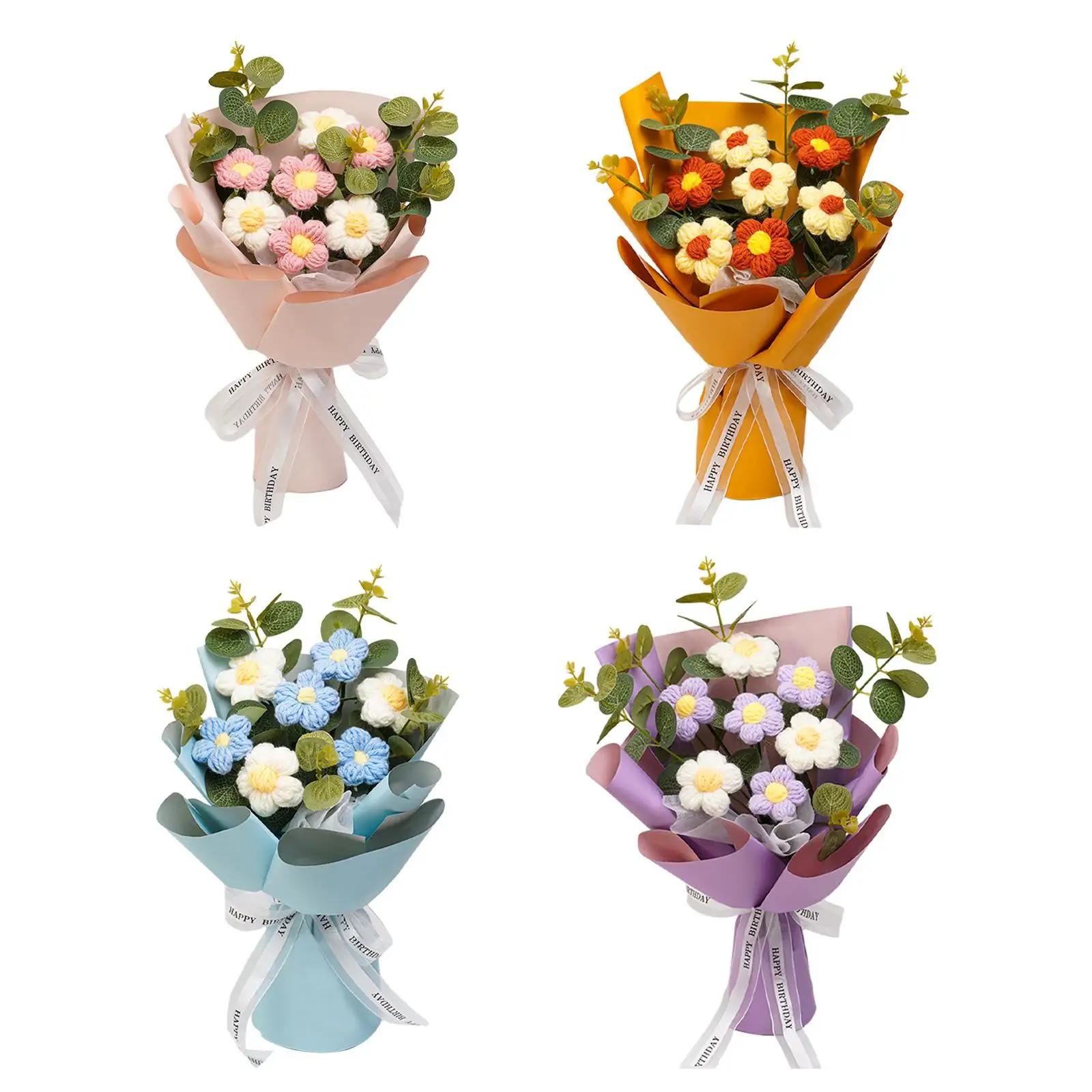 Crochet Flower Bouquet Mother Day Gift Versatile Floral Arrangements Hand Woven Bouquet for Desktop Party Wedding Home Gift