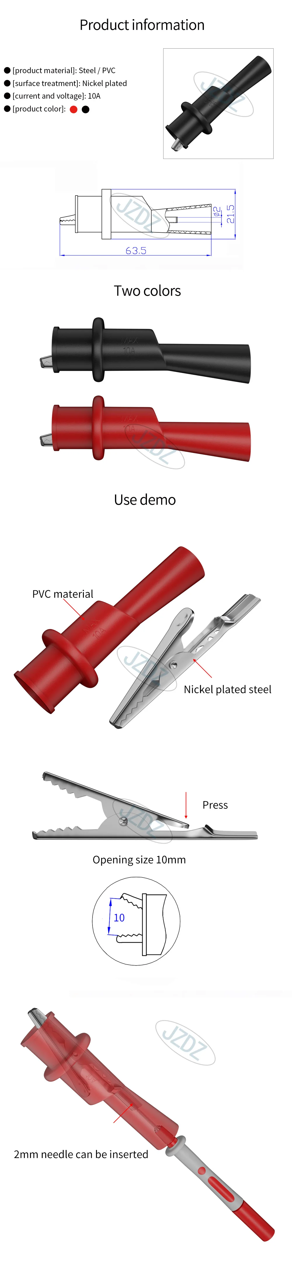Jzdz 10 Stück Isolations-Krokodil klemmen mit 2mm Sockel Metall krokodil klemme Test klemme für Multimeter-Testers onde j.60009 – Detail 2