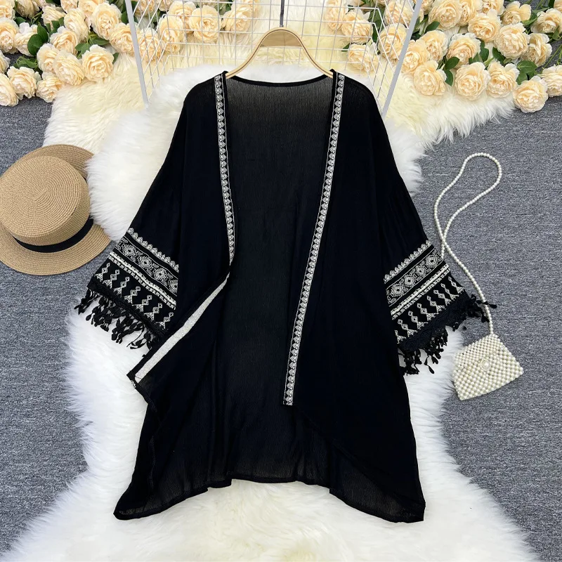 Woman Bohemian Kimono Shawl Beach Cover Up Women Embroidered Tassel White Ladies Bikini Cover Ups Cardigan Beachwear Mujer