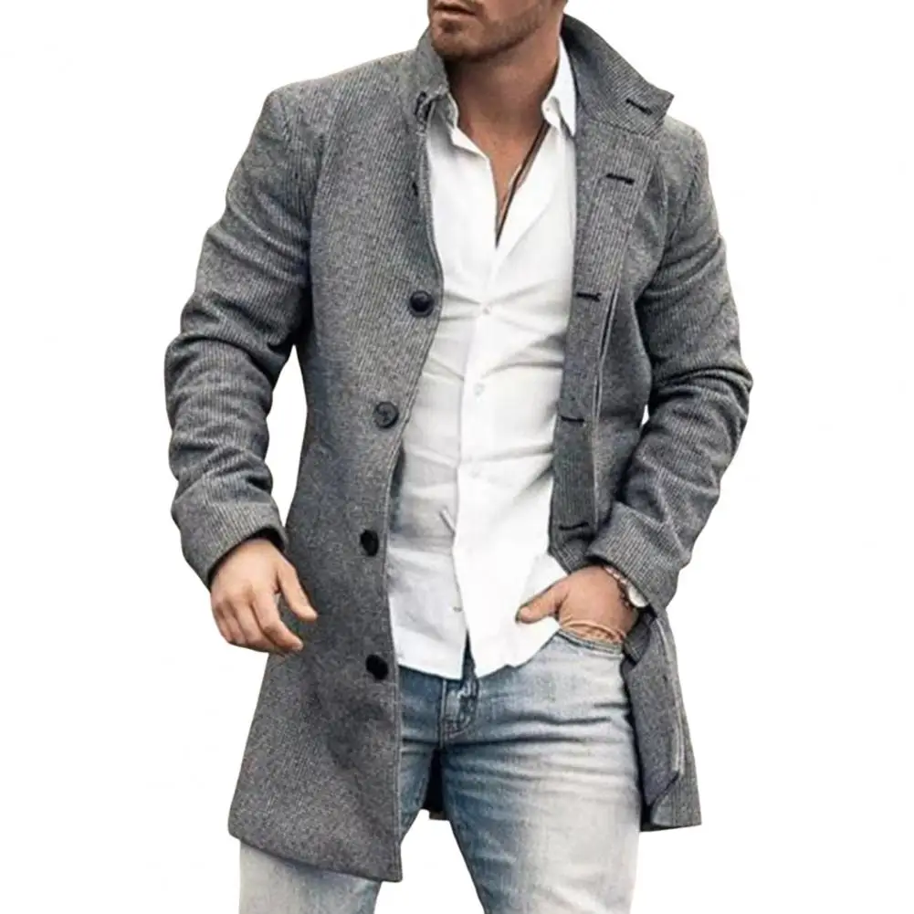 Trench Coat Long Overcoat Simple Warm Pockets Trench Coat Mid-length Men Coat Thick Warm Jacket for Daily Wear trench coat,casual men jacket