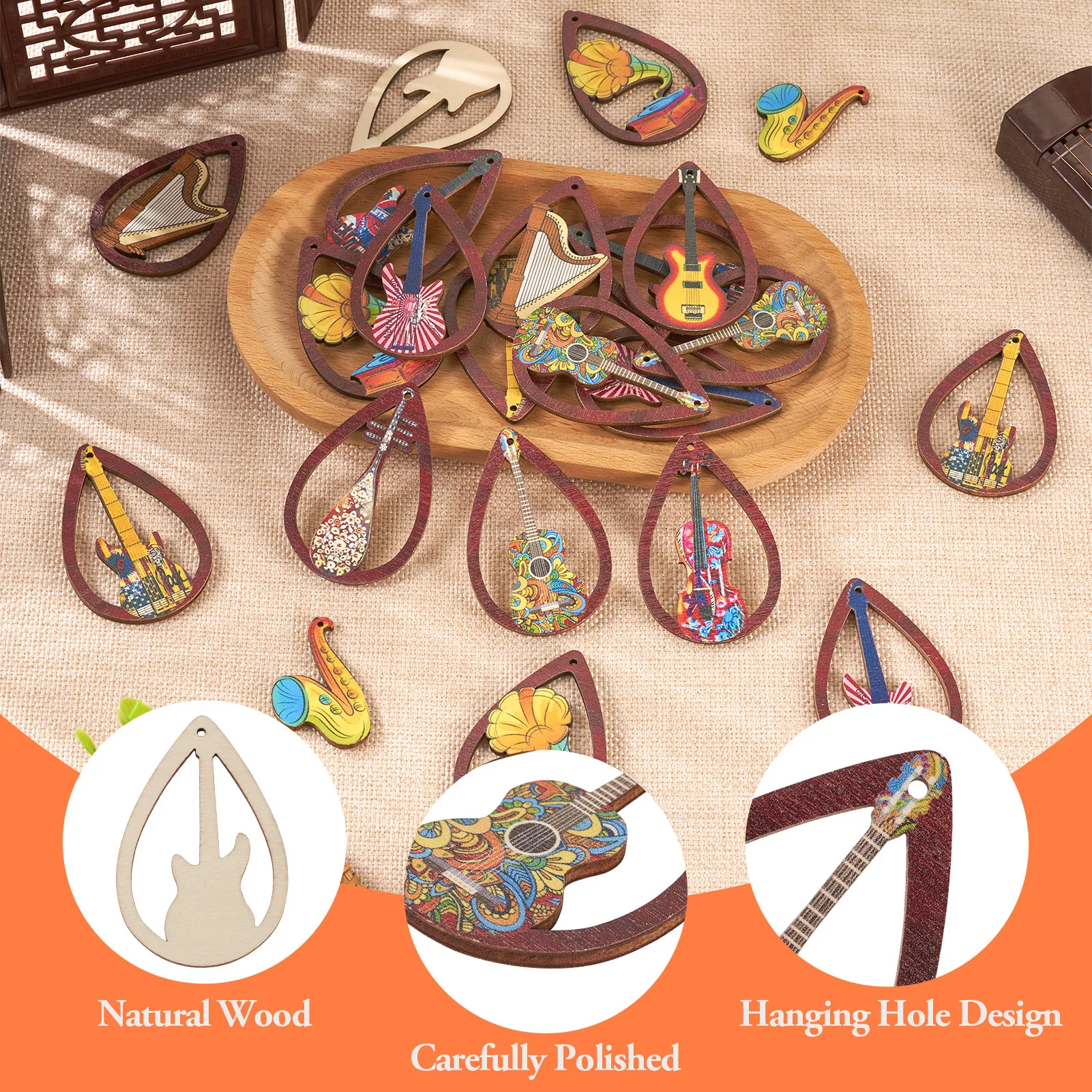 40Pcs Musical Instrument Saxophone Bass Guitar Wood Charms Printed Wooden Pendants for Jewelry Making diy Earring Necklace Craft