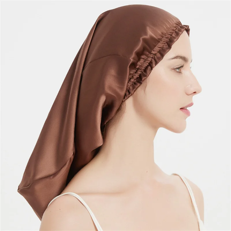 Luxury Comfortable Solid100% Real Silk Long Nightcap Hair Care Perm Beauty Sleeping Hat 3