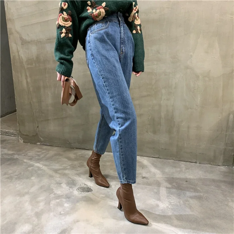 Loose Straight Denim Trousers Button Chic Pants 2021 New Vintage Women's High Waist Jeans Pants Blue Streetwear Female Pockets