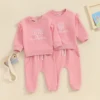 Toddler Girls Sister Matching Outfits Letter Embroidered Crew Neck Long Sleeve Sweatshirts Long Pants 2Pcs Fall Clothes Set 1