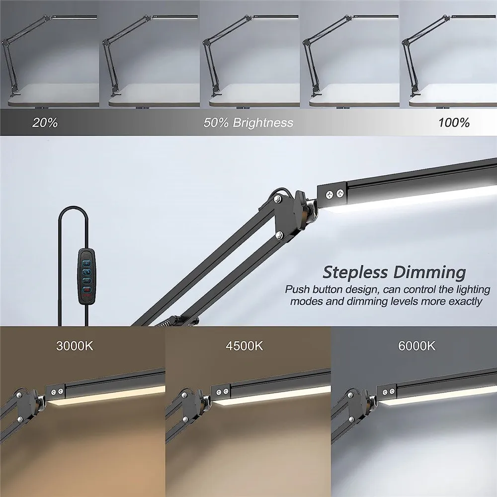 LED 책상 램프 스윙 암 책상 조명, 클램프 3 조명, 10 밝기, 시선을 돌리는 LED 독서 책상 램프, 홈 오피스 조명