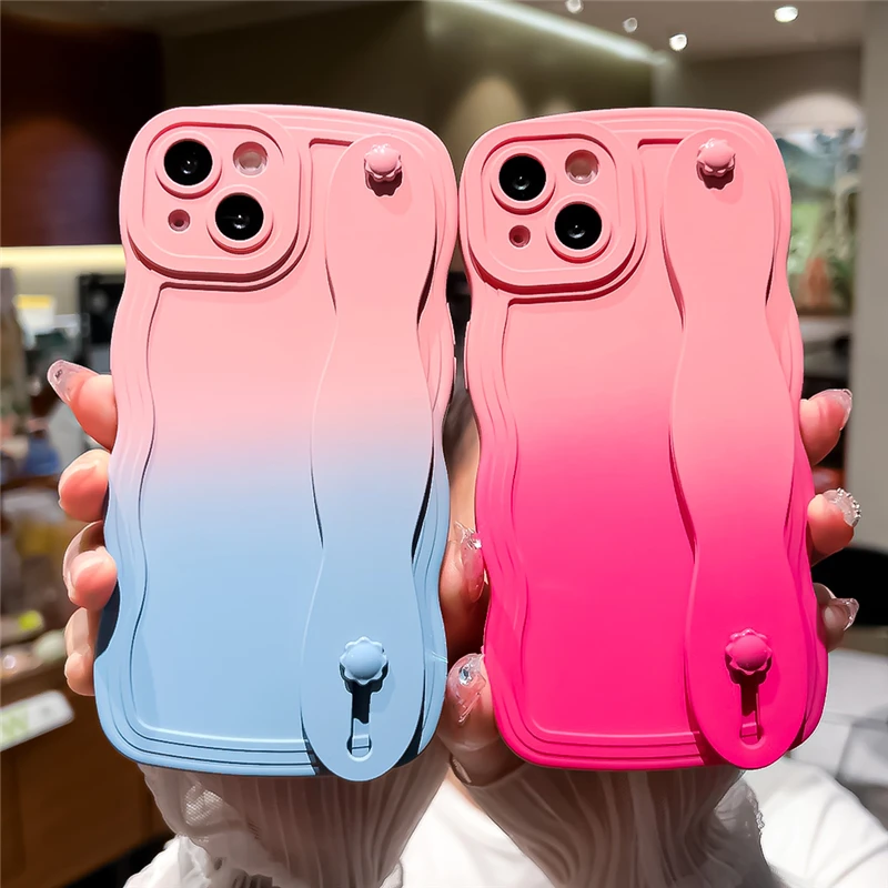 Custodia sfumata in silicone liquido con cinturino da polso Ins per iPhone 13 12 MiNi 11 Pro XS Max XR X 14 Plus Soft Phone_voghion.com