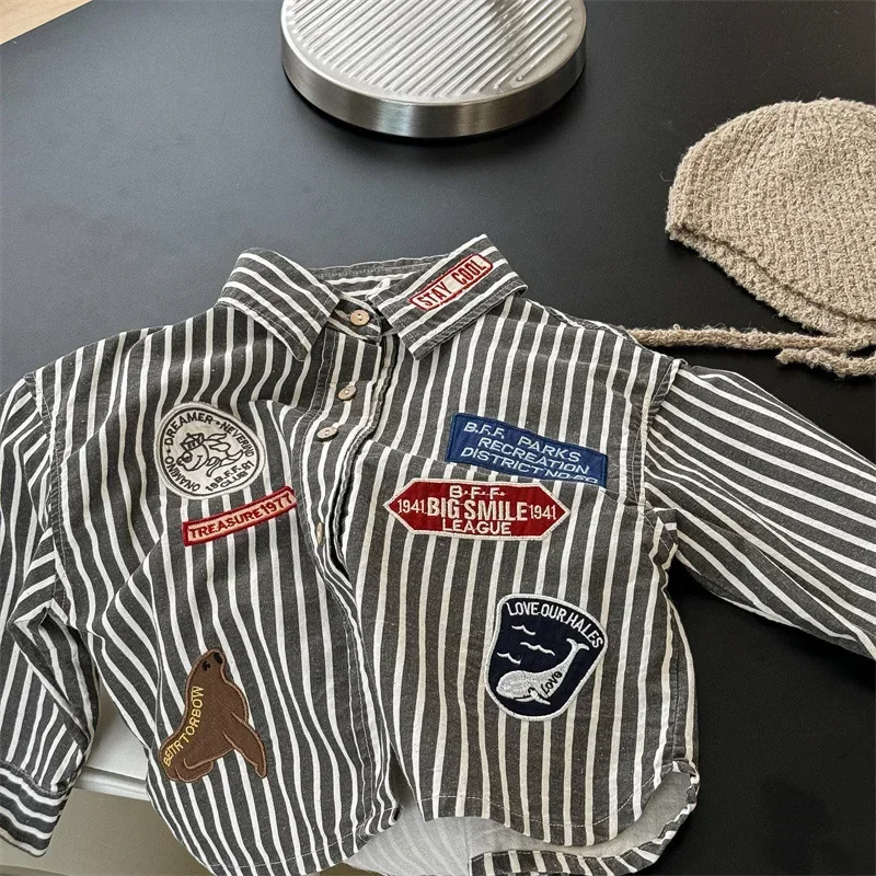 4034 Children Shirt Autumn Korean Embroidered Boy's Shirts Coat Cartoon 1-7Year Girl's Blouse Tops