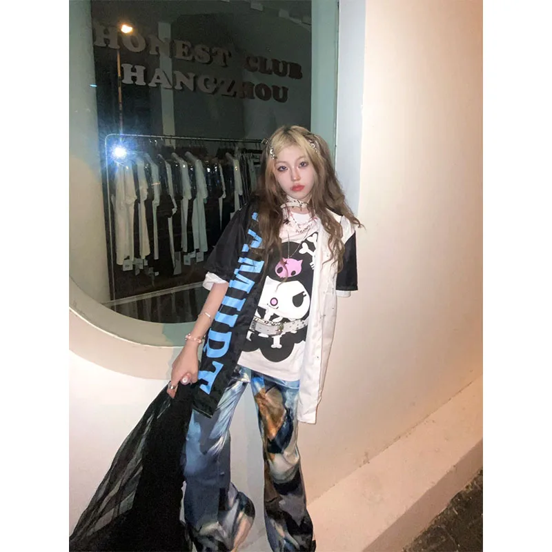 

In Stock Kuromi Cartoon Print Loose Short Sleeves Cute Personality Two-Dimensional T-shirt