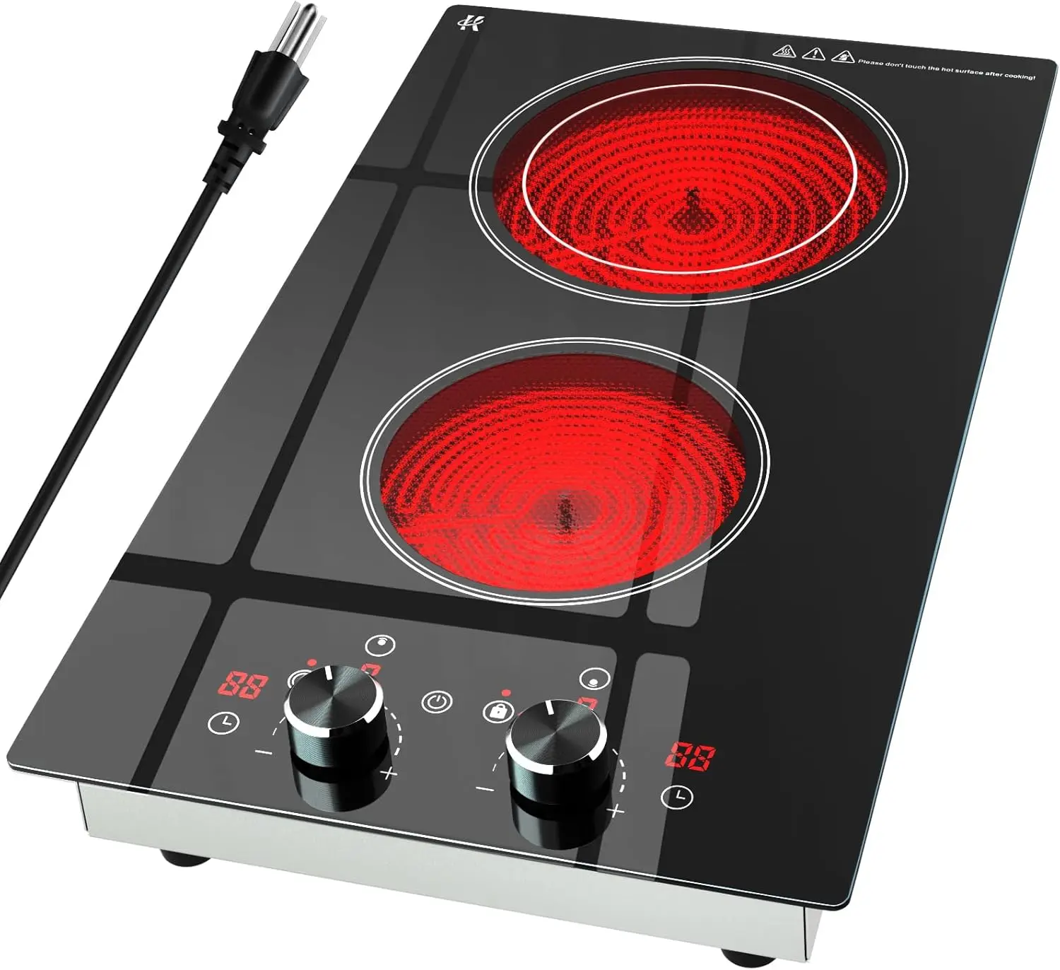 2 Burner Electric Cooktop 120V, 1800W Radiant Electric Stove Top with Countertop & Built-in Design, 12 inch Knob Control