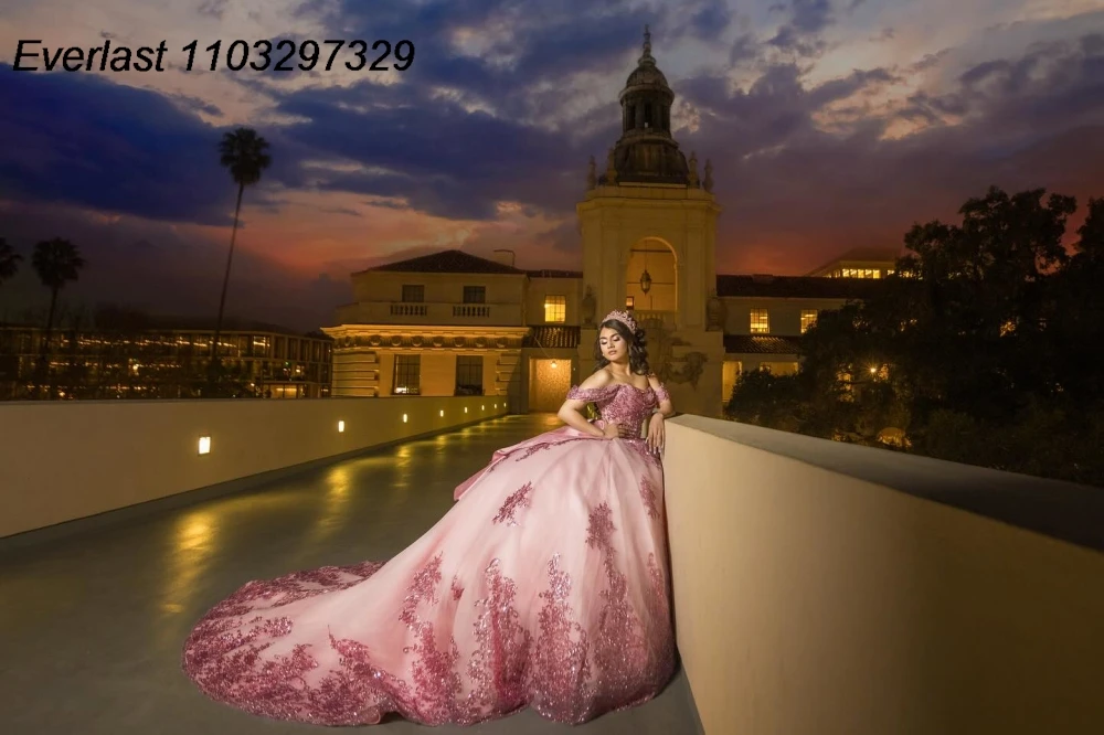 EVLAST Elegant Pink Quinceanera Dress Ball Gown Pink Sequins Lace Applique Beading Bow Corset Sweet 16 Vestido De 15 Anos TQD982