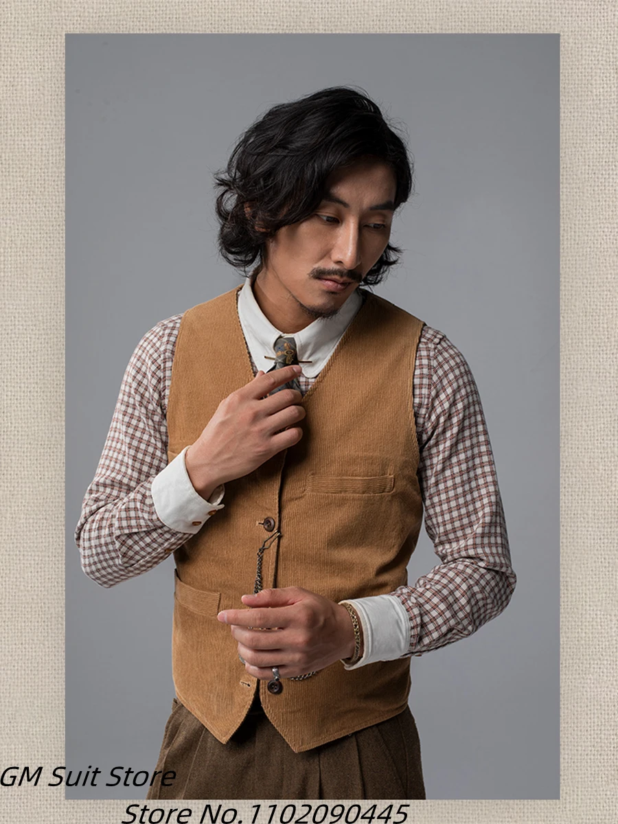 Men's Formal Vest Retro Corduroy Four Buckles Waistcoat Slim Fit Fashion Leisure Vest Costume 2022 Homme For Wedding 4