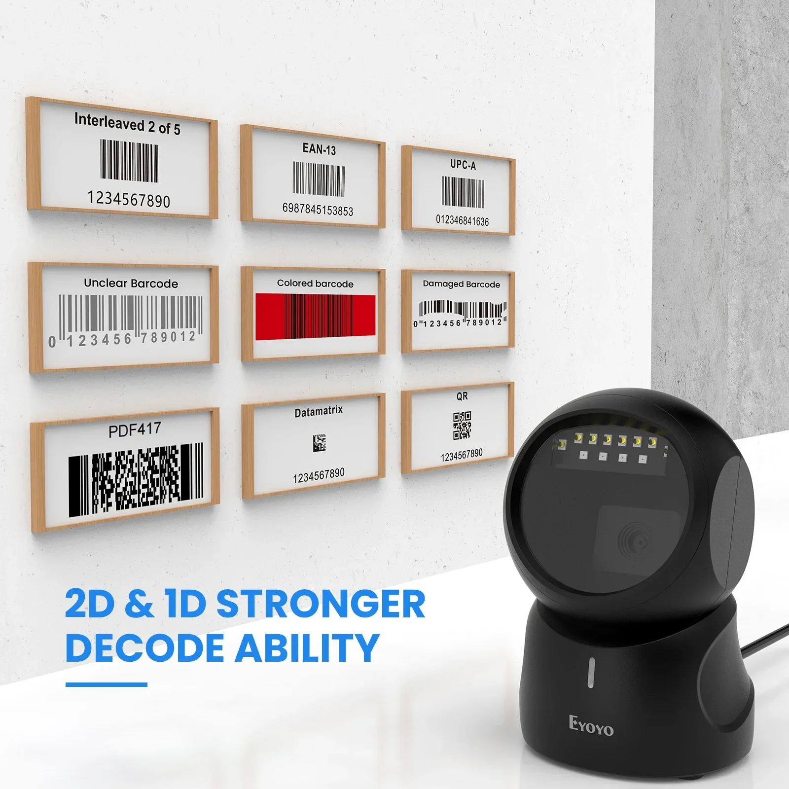 Eyoyo 2D Barcode Scanner QR Code Scanner Automatic Sensing Scanning Omnidirectional Hands-Free Barcode Reader QR Screen barcode scanner