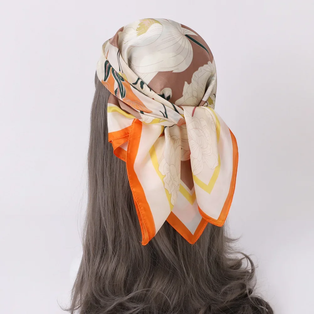 

Women Lady Vintage Scarf Bandana Color Block Flower Kerchief Headband Faux Silk Neck Hairband 70*70cm