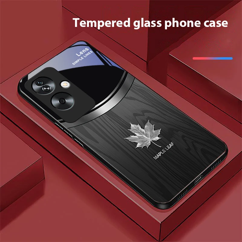 Wood Grain Maple Leaf Tempered Glass Black Phone Case