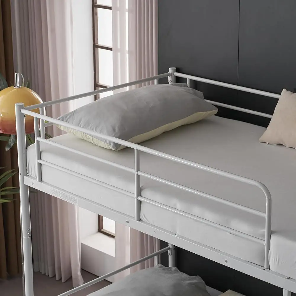 White Metal Bunk Bed Twin Over Twin with Storage Drawers Built-in Ladder Safety Guardrail Space Saving Solution Kids Room 6