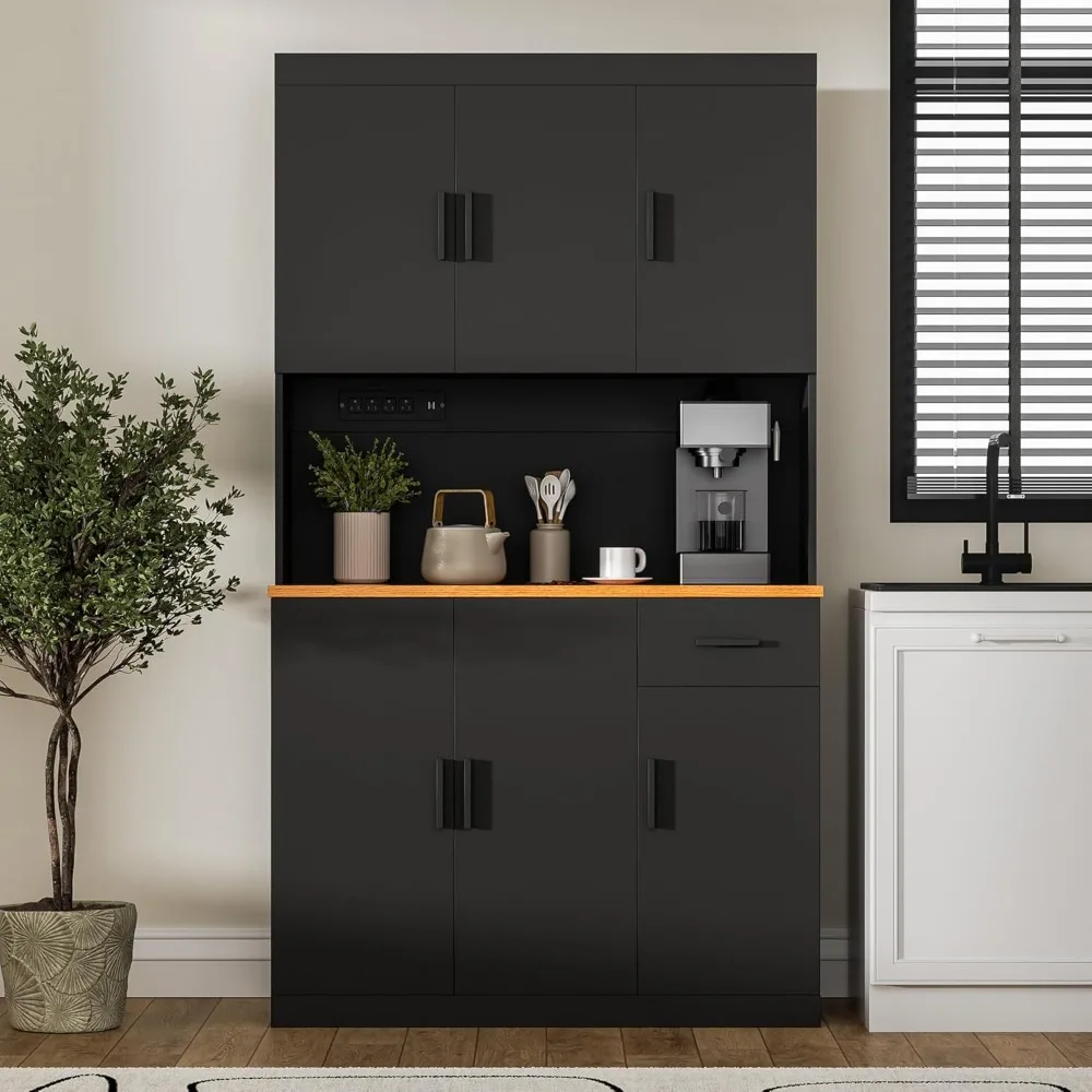 Black Kitchen Pantry Cabinet,Storage Cabinet with Power Outlet, Freestanding Kitchen Hutch with countertop