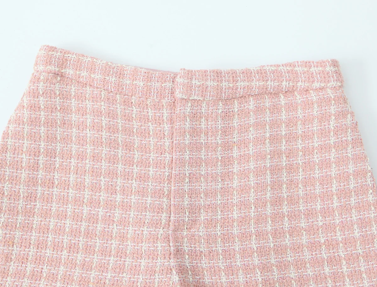 2 pieces 1 Set French Style Retro Pink Plaid Woven Tweed Blazer + High Waist Mini Shorts Pants Suits