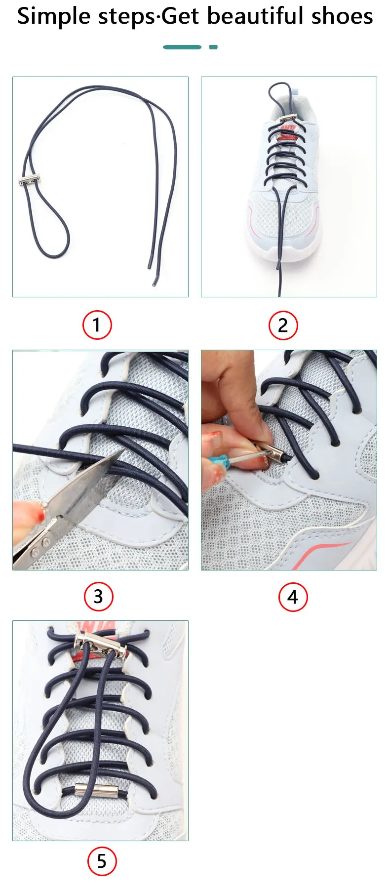 Runde, elastische Schnürsenkel ohne Schnürsenkel mit Metallverschluss für Turnschuhe und Stiefel – flache Schnürsenkel mit Schnellverschluss für Kinder und Erwachsene aus Gummi – Detail 8