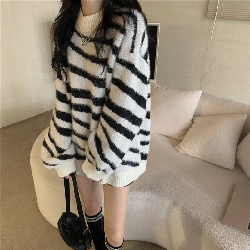 pink sweater All-match Striped Outer Streetwear Knitted Pullover Sweater 2022 Autumn and Winter New Tops Clothing Women ladies cardigans