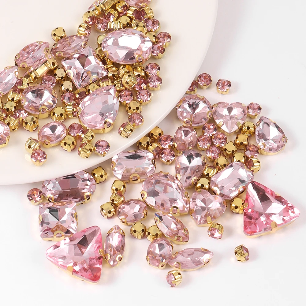 Description Picture 6 of item130pcs/lot Gold Claw Setting Glass Rhinestone Mixed Shape Sew On Crystal Stone Diamond for Wedding Dress Shoes Bags DIY Trim