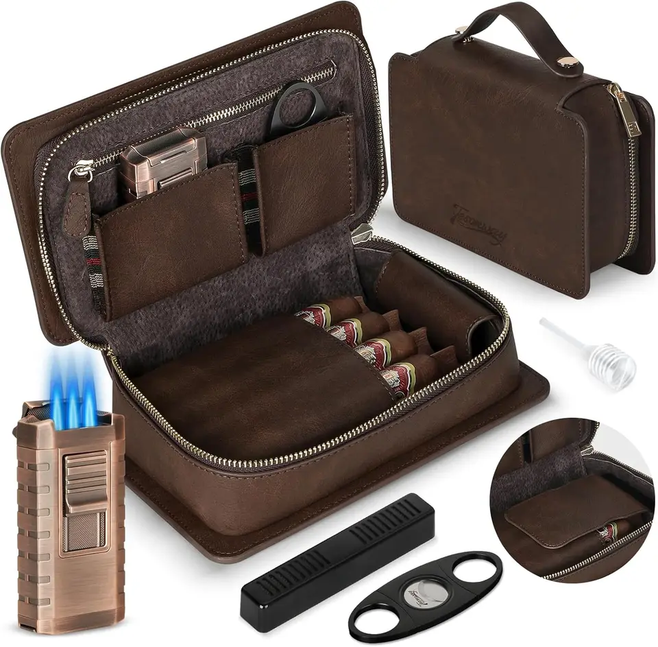 Leather Cedar Wood Cigar Humidor Travel Case