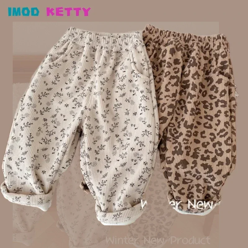 

2023 Winter Warm Plush Kids Pants Thicken Leopard Floral Print Fur Lining Trousers Casual Trousers for Boys Girls Baby Clothing