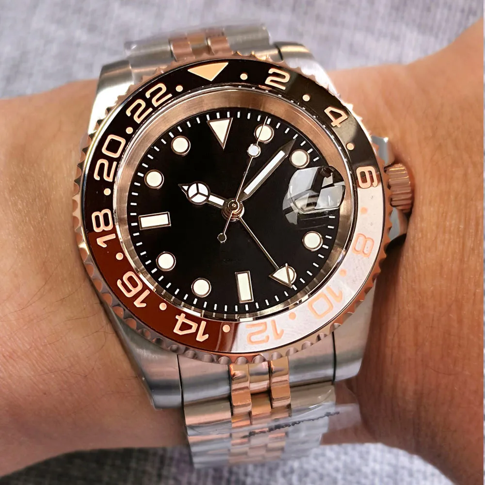 Nh34 Gmt Orologio Subacqueo In Oro Rosa Bicolore Argento Per Uomo Root Beer Insert Orologio Da Polso In Acciaio Impermeabile Reloj Hombre 904L Braccia