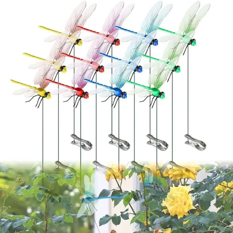 12Pcs Dragonfly Hat Clip Realistic Decoys Simulation Garden Stake Decorate Outdoor Realistic Outdoor Dragonfly Decor Clips
