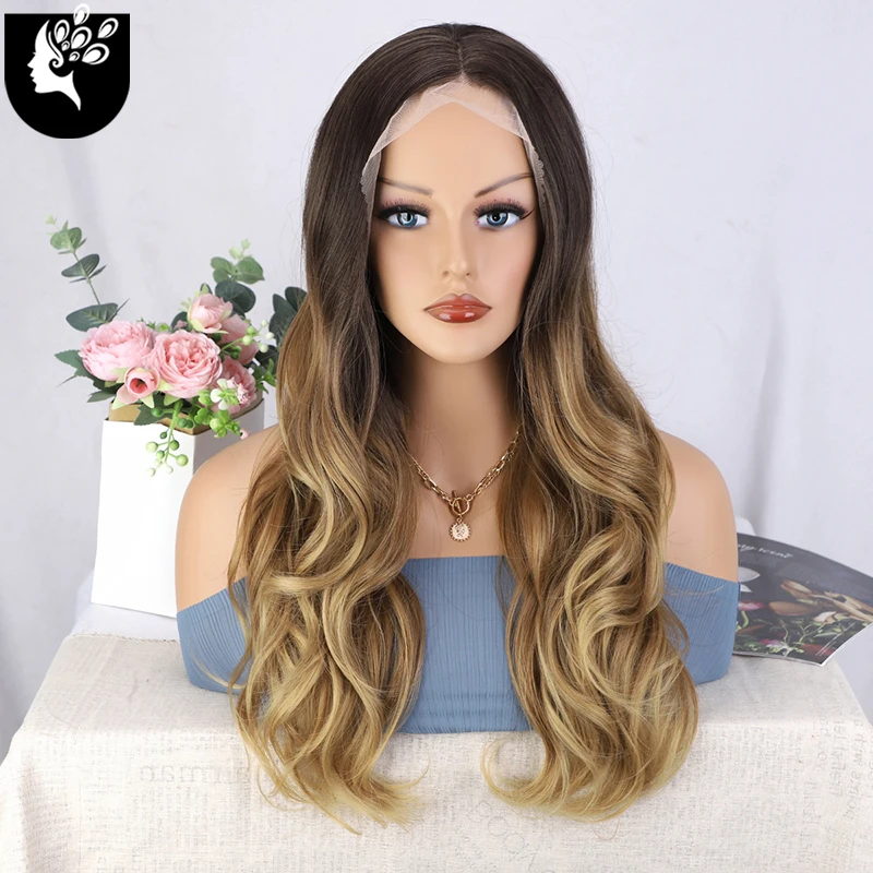 

Long Ombre Brown Synthetic Lace Front Wavy Wig For Women Middle Part 13*4 Lace Wig Heat Resistant Female Hair Cosplay Daily Wig
