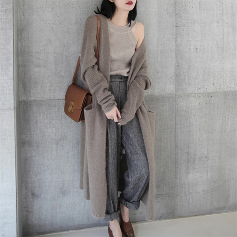 Autumn and Winter New Women's Solid Color Long-sleeved Sweater Fashionable and Elegant with Pocket Cardigan Casual Sweater Coat