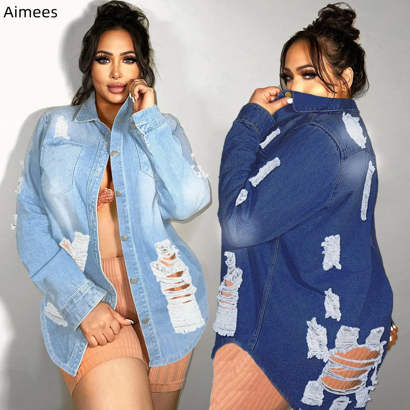 

New Autumn Fashion Women Denim Coats Holes Ripped Turn Down Neck Long-sleeved Sexy Ladies Coats Outwear All Matches