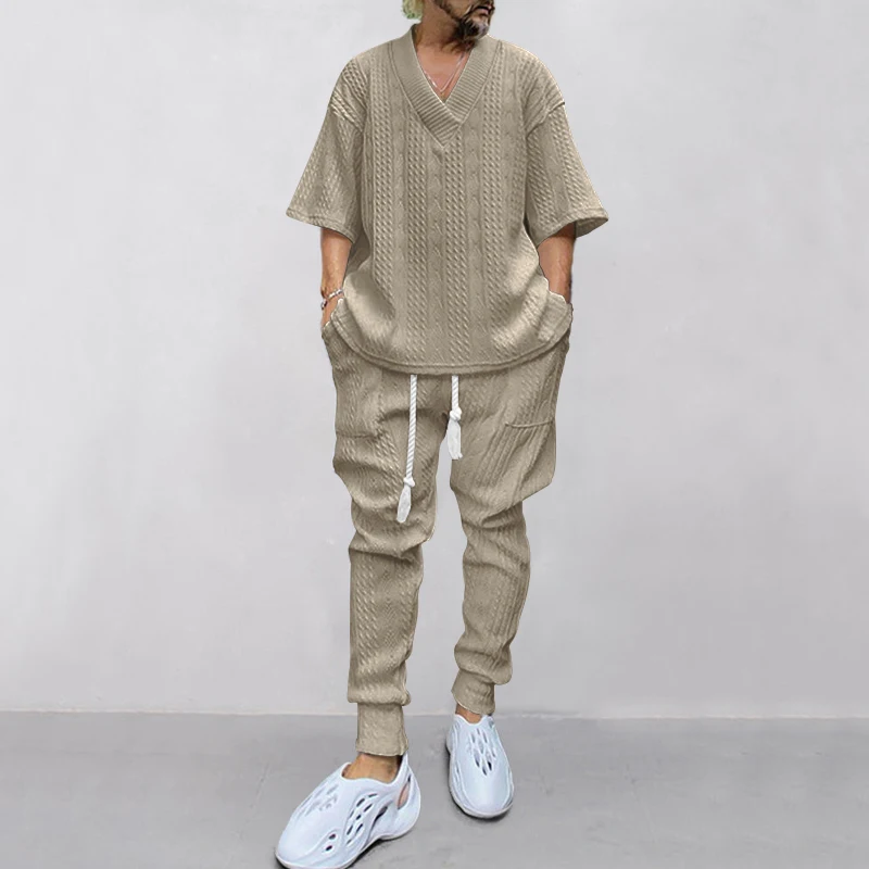 Spring And Autumn New Men's Suit Europe And The United States Style Heavy Quality Jacquard V-neck Shirt Trousers Two Sets