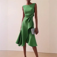 Women Sleeveless Solid Color Round Neck Midi Dress Elegant Slim Fit Formal Party Outfit Fashion 2025 New Arrival - Image 2