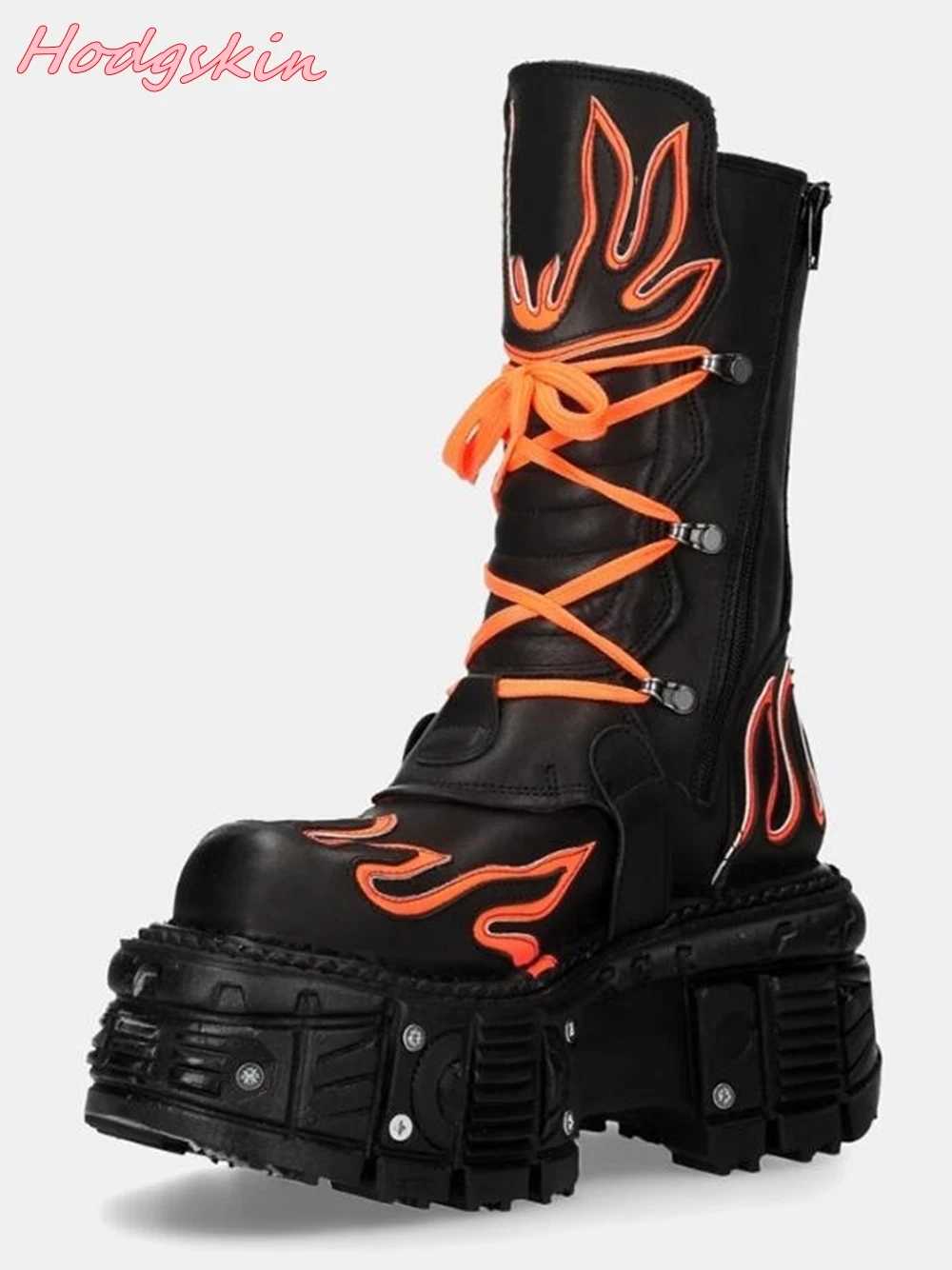 Punk Retro Fashion Women Boots Round Toe Thick Sole Lace Up Flats Boots 2024 Metal Decoration Leather Mid Calf Boots Hot Sale