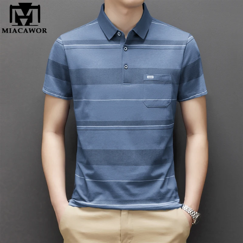 

New Fashion Polo Shirts Men 100% Cotton Summer Short Sleeve Polo Homme Striped Pocket Vintage Casual Clothing T1185