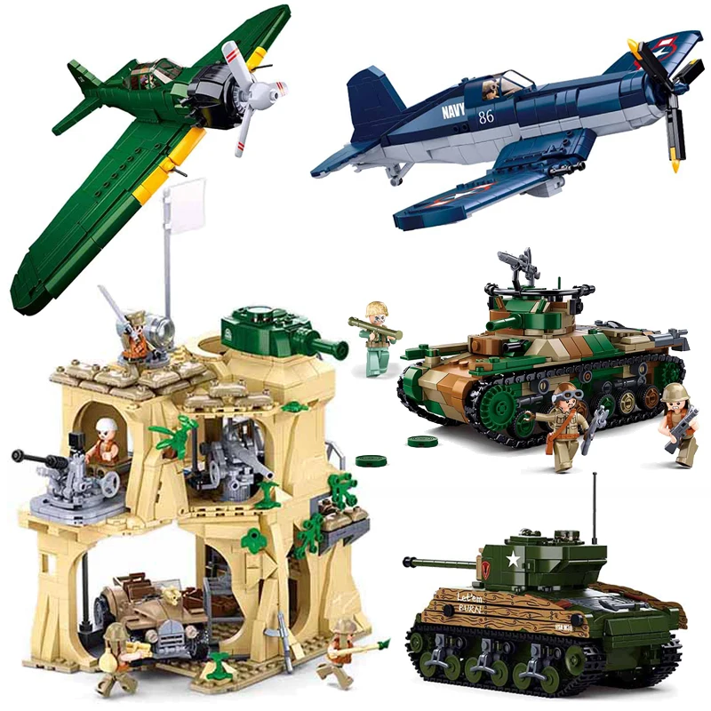 Sluban Military Ww2 Pacific War Scenario M4 Medium Tank Airphones Model Building Blocks Set Di Bambole Soldato Brick Kids Toys Gifts