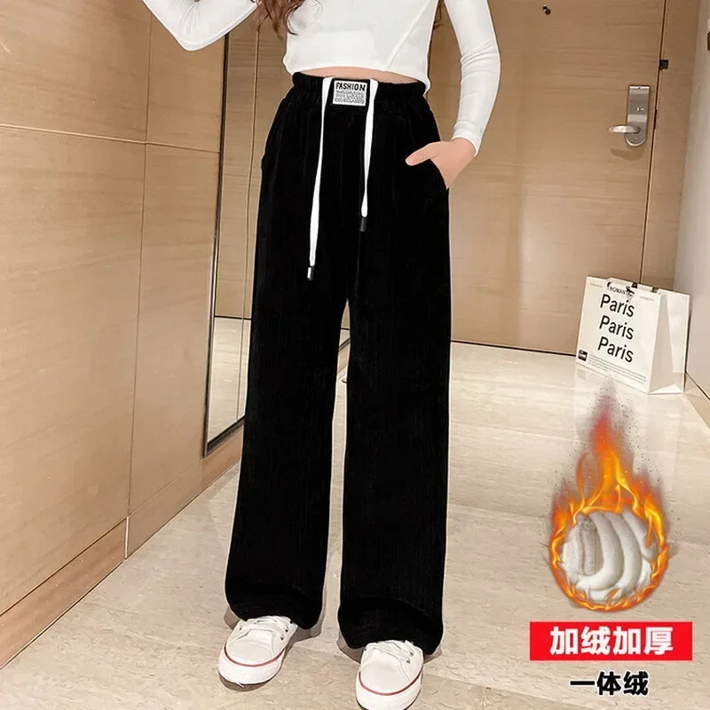 Winter Girls Casual Chenille Pants Loose Sport Fleece Warm Elastic Waist Wide Leg Pants for Kids School Children girls pants,kids pants,girls trousers