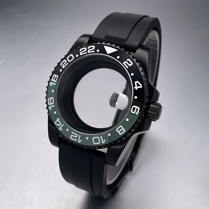 All-Black Sub Style Watch Case with Rubber Strap and Sapphire Crystal