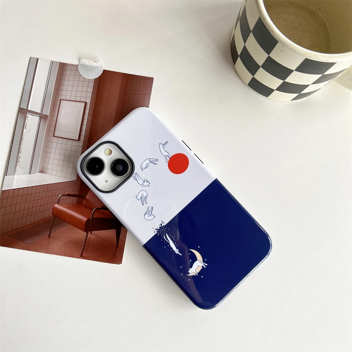 The Moon and the Cat intInclusive Phone Case Two-In-One Film Protective Shell For iPhone 15 14 13 12 11 Pro Max Plus Mini