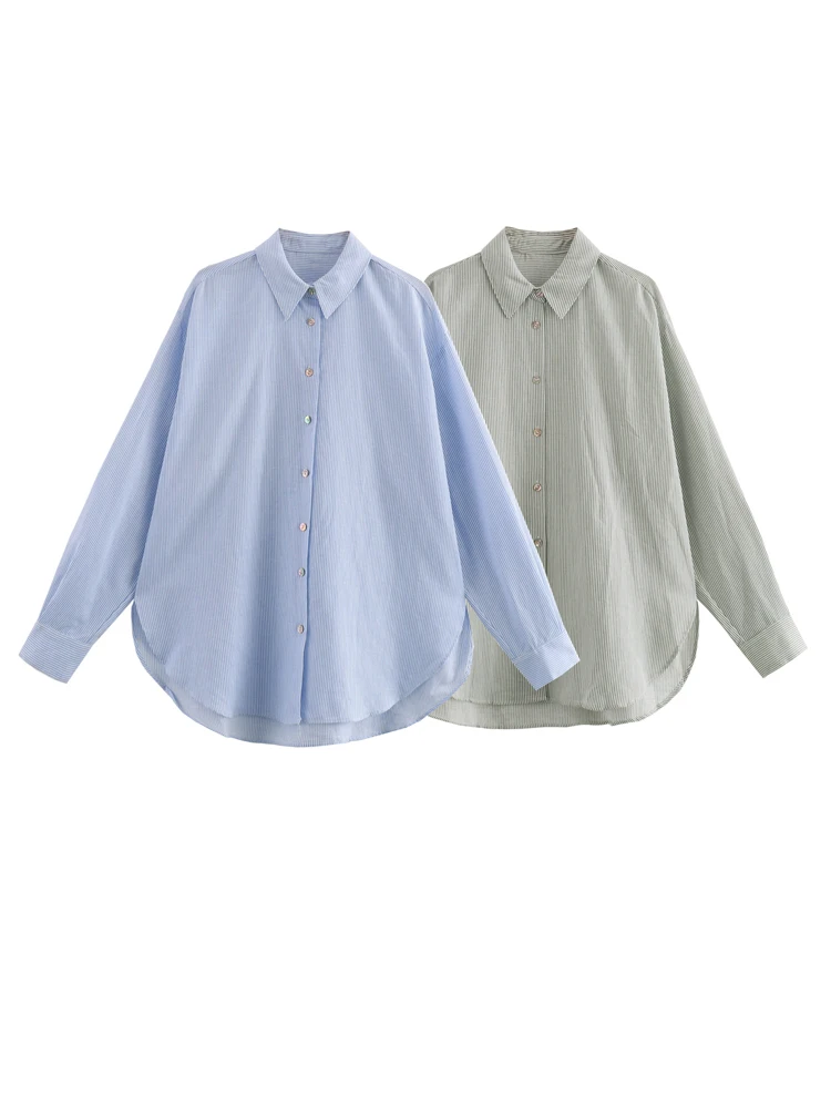

KAOPU ZA Women oversize striped shirt vintage lapel-neck side vents button-up female blouses blusas chic tops