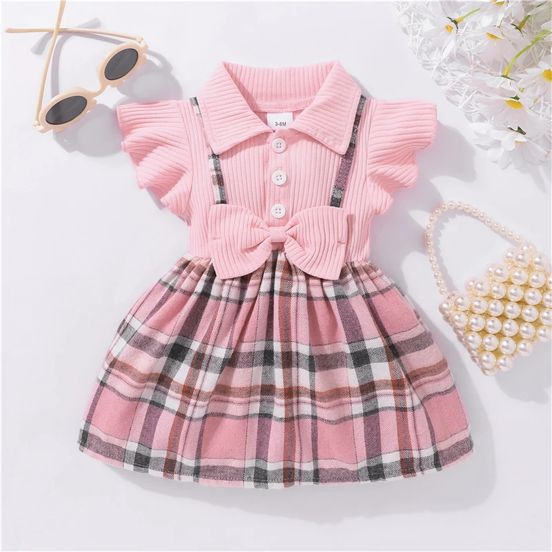 

Baby Plaid Dress Lovely Summer Infant Baby Girl Clothes Cute Lapel Collar Bow Cotton Toddler Dresses Newborn Clothing