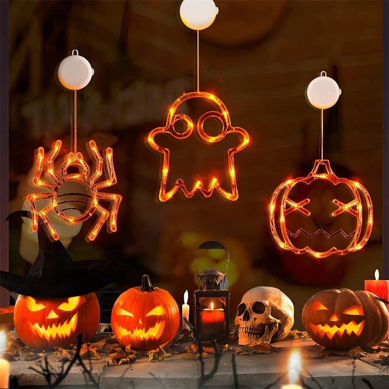 

LED Halloween Light Hanging Ghost Pumpkin Bat Halloween Party Glowing Suction Cup Lamp Horror Props Bar Home Decoration Navidad